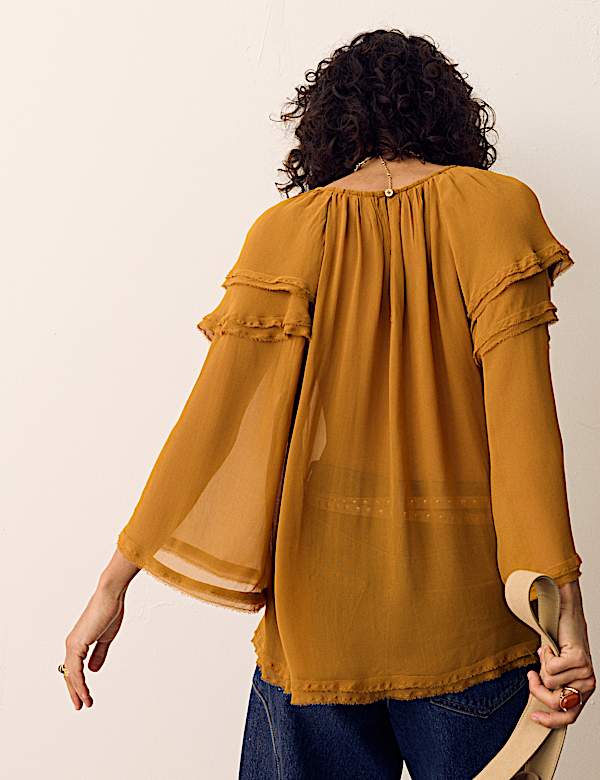 Sheer Ruffle Shoulder Pintuck Blouse - JP