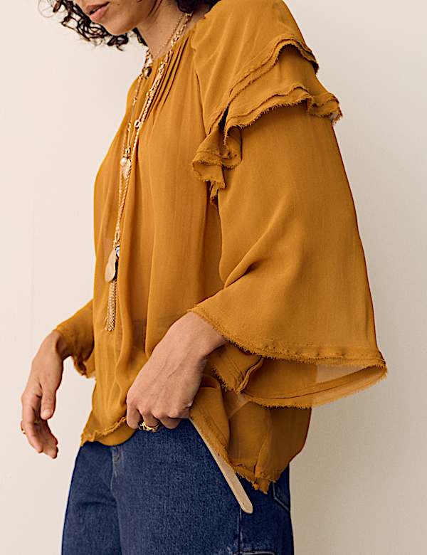 Sheer Ruffle Shoulder Pintuck Blouse - JP