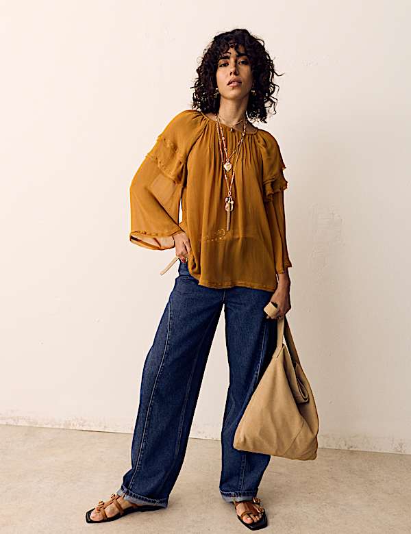 Sheer Ruffle Shoulder Pintuck Blouse - JP