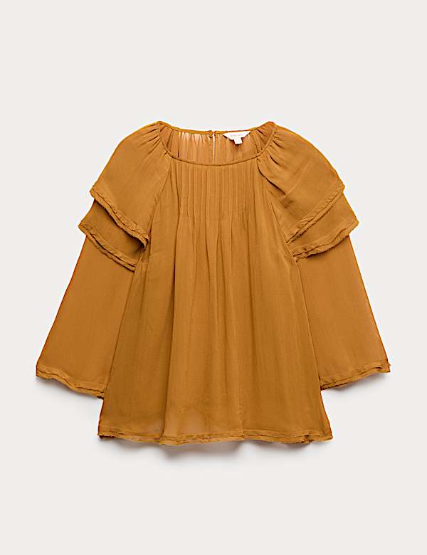 Sheer Ruffle Shoulder Pintuck Blouse - JP