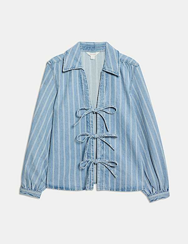 Pure Cotton Striped Tie Front Shacket - PT