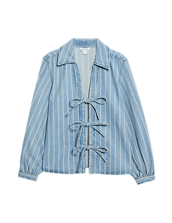Pure Cotton Striped Tie Front Shacket