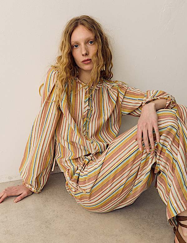 Pure Cotton Striped Blouson Sleeve Blouse