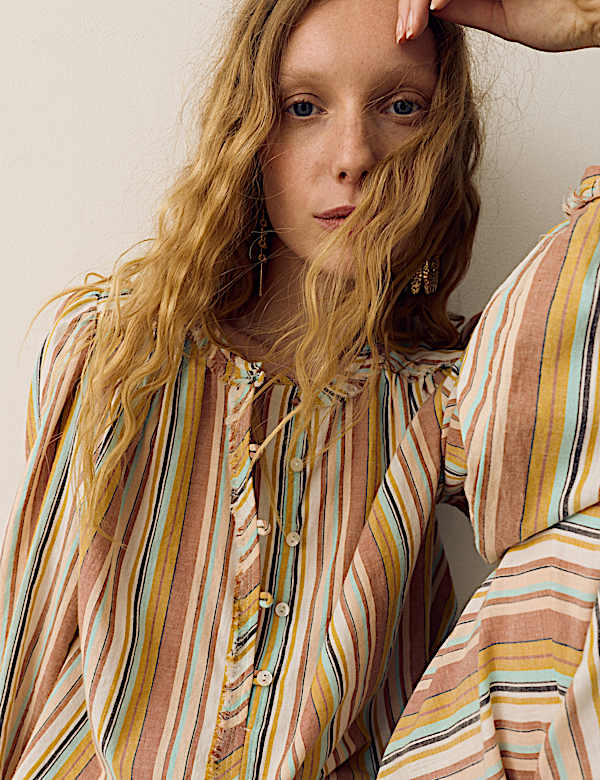 Pure Cotton Striped Blouson Sleeve Blouse - MX