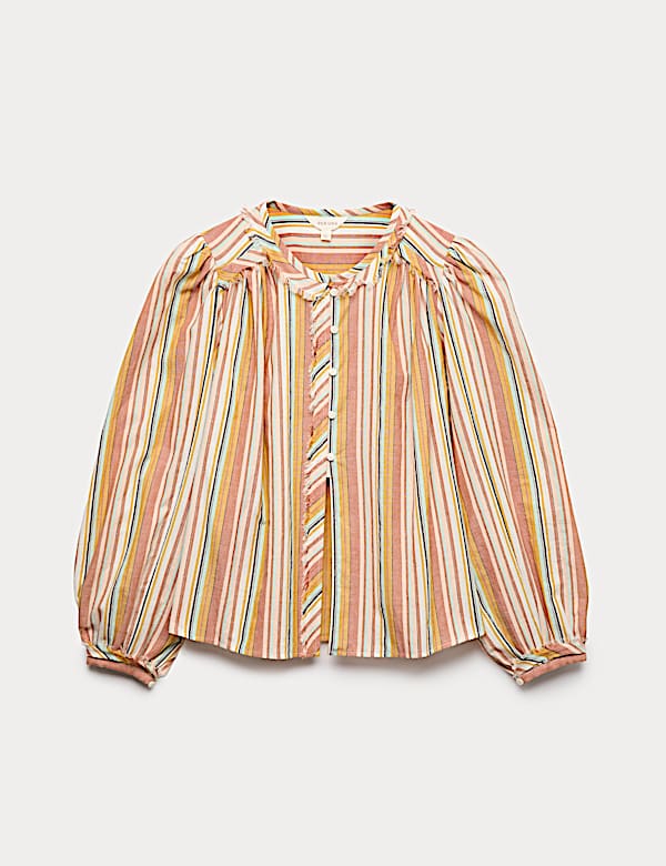 Pure Cotton Striped Blouson Sleeve Blouse