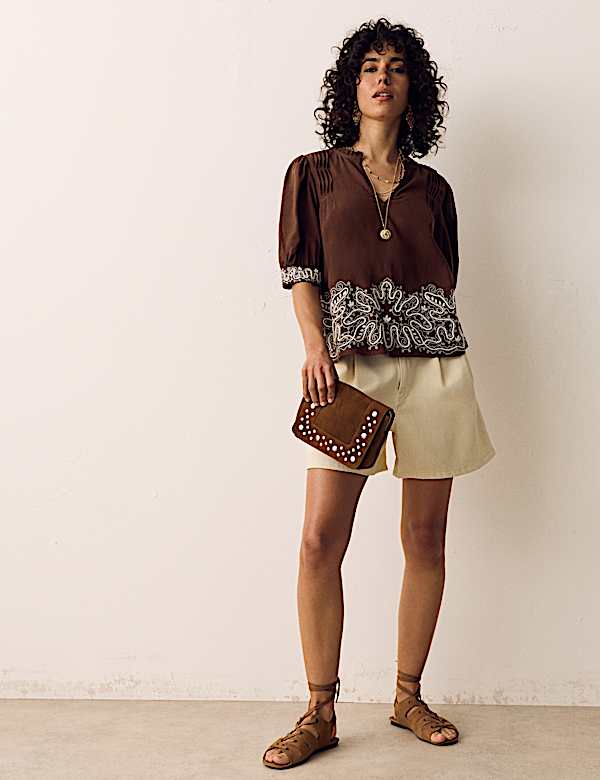 Lyocell Rich Embroidered Notch Neck Blouse