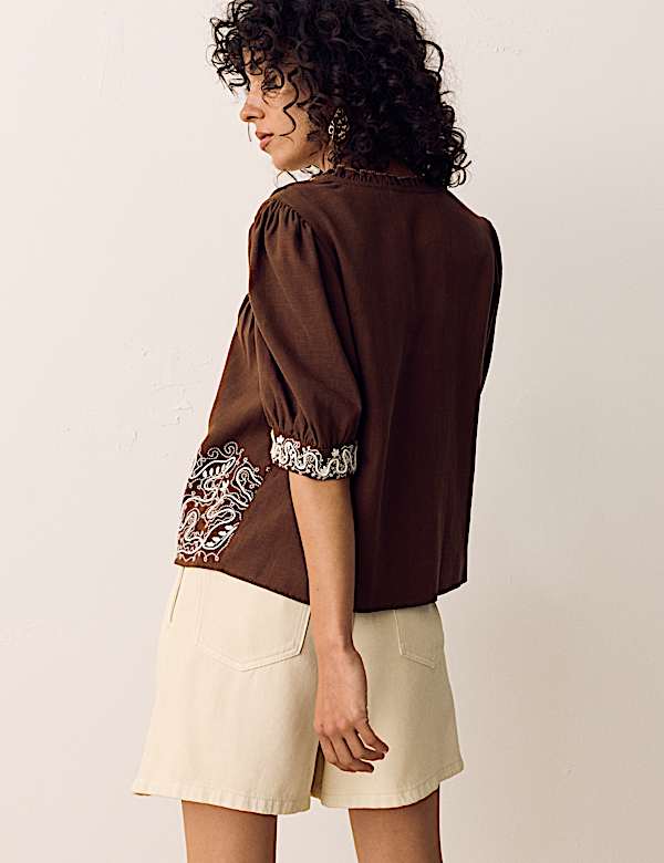 Lyocell Rich Embroidered Notch Neck Blouse