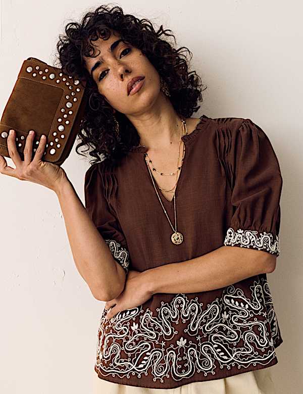 Lyocell Rich Embroidered Notch Neck Blouse