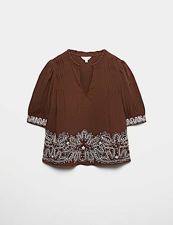 Lyocell Rich Embroidered Notch Neck Blouse