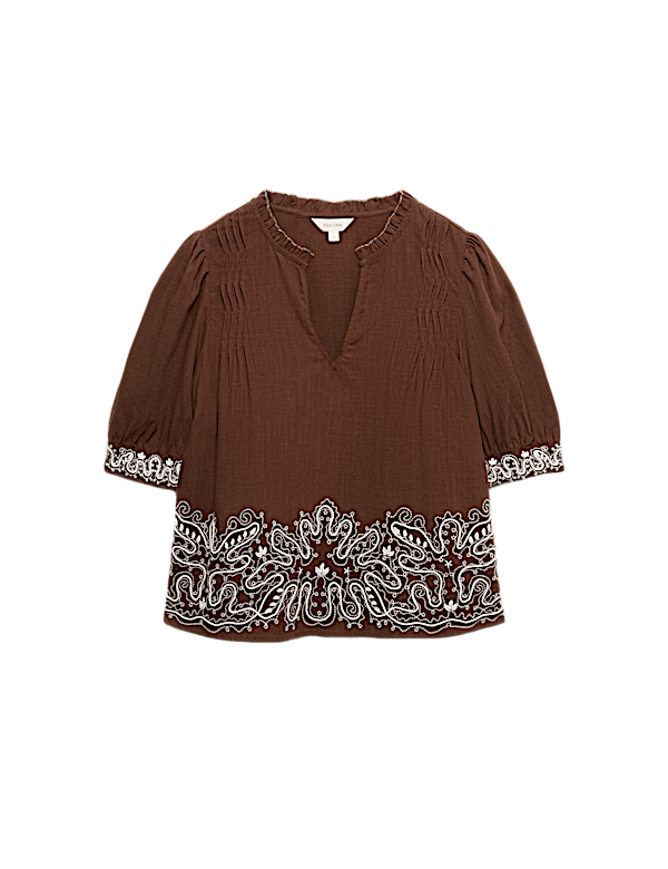 Lyocell Rich Embroidered Notch Neck Blouse