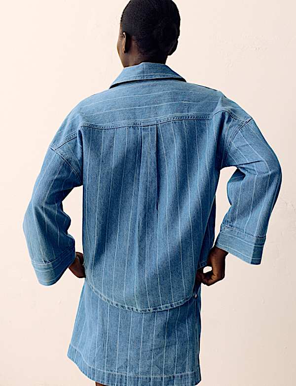 Chemise coupe d&eacute;contract&eacute;e en jean &agrave; encolure et rayures - LU