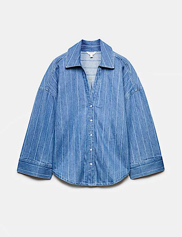 Chemise coupe d&eacute;contract&eacute;e en jean &agrave; encolure et rayures - LU