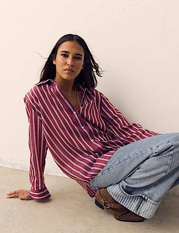 Lyocell Rich Striped Collared Relaxed Shirt