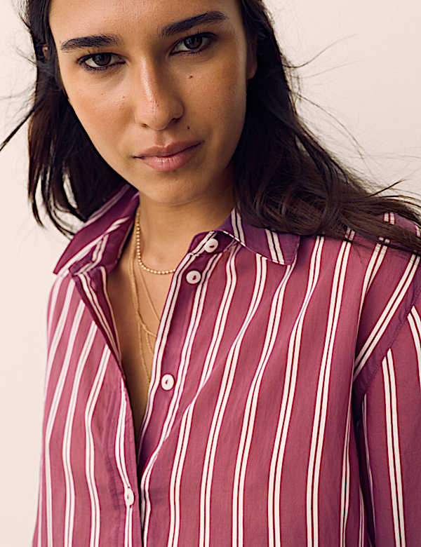 Lyocell Rich Striped Collared Relaxed Shirt - LU