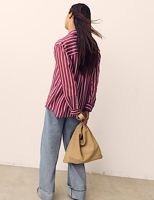 Lyocell Rich Striped Collared Relaxed Shirt - LU