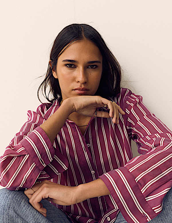 Lyocell Rich Striped Collared Relaxed Shirt - LU
