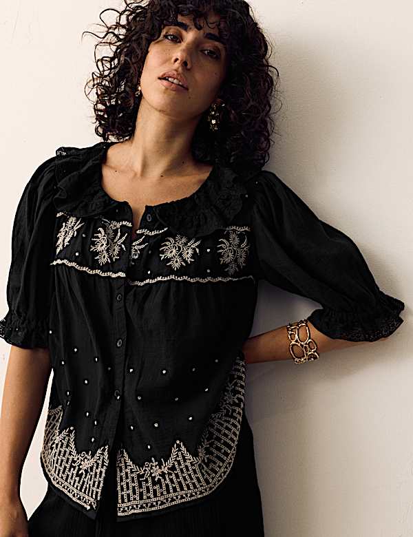 Chemisier 100 % coton brod&eacute; avec col en dentelle - CH