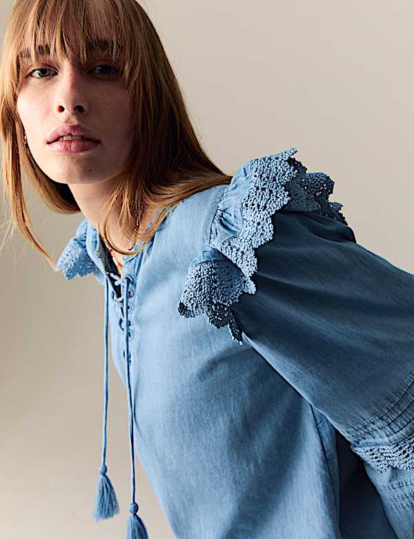 Pure Cotton Lace Up Detail Popover Blouse