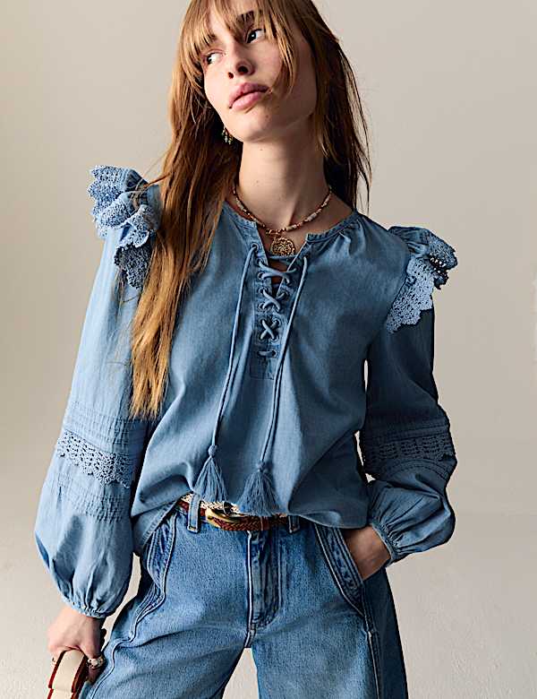 Pure Cotton Lace Up Detail Popover Blouse