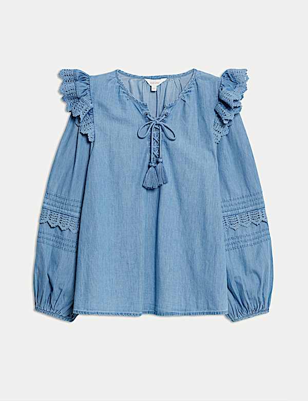 Pure Cotton Lace Up Detail Popover Blouse - RS