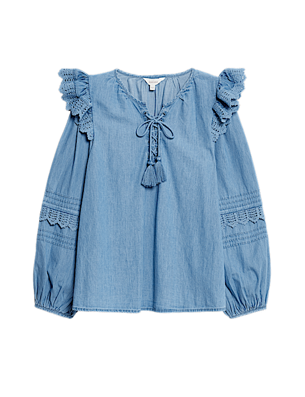 Pure Cotton Lace Up Detail Popover Blouse
