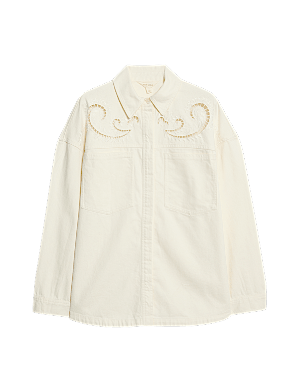 Pure Cotton Denim Collared Cutwork Shirt