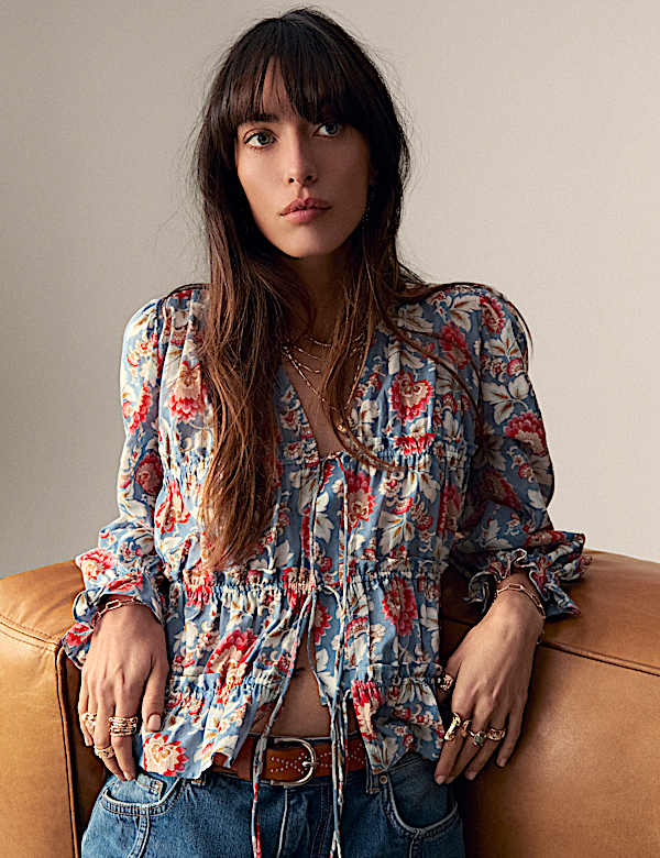 Pure Cotton Floral V-Neck Tie Front Blouse - HR