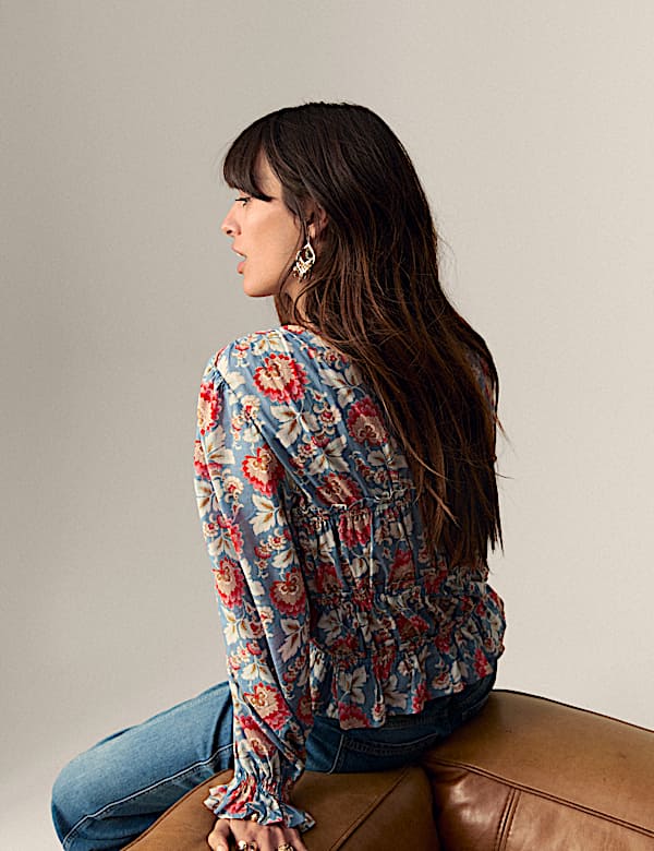 Pure Cotton Floral V-Neck Tie Front Blouse