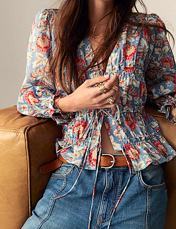 Pure Cotton Floral V-Neck Tie Front Blouse