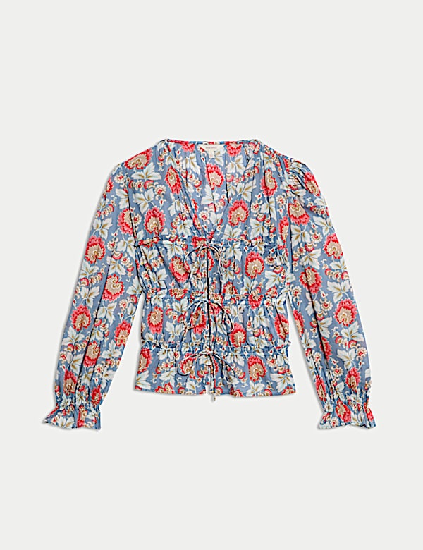 Pure Cotton Floral V-Neck Tie Front Blouse