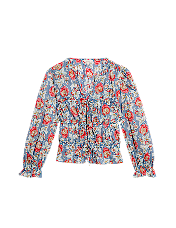 Pure Cotton Floral V-Neck Tie Front Blouse