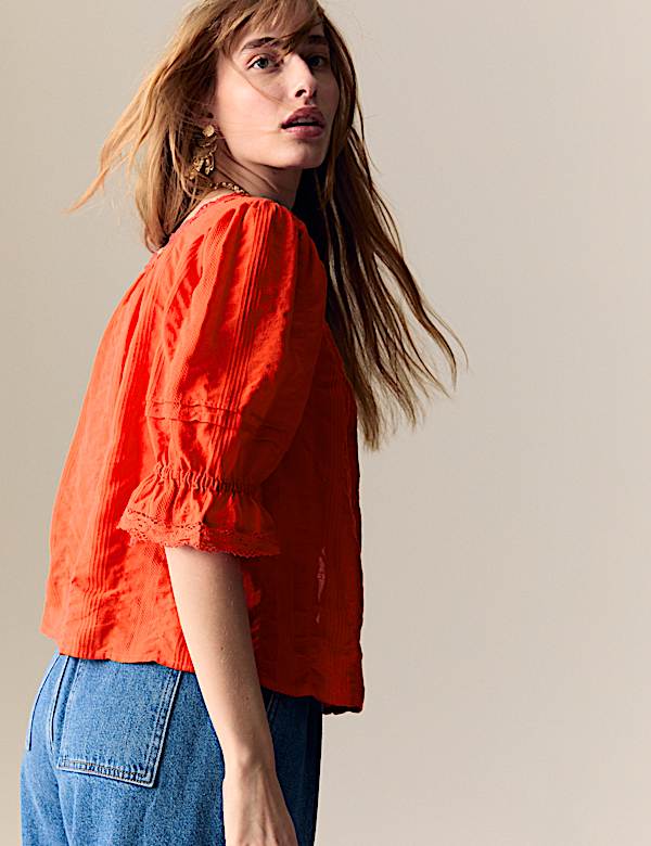 Cotton Rich Square Neck Lace Detail Puff Sleeve Blouse