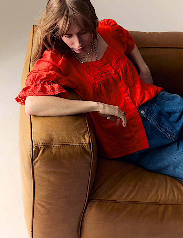 Cotton Rich Square Neck Lace Detail Puff Sleeve Blouse