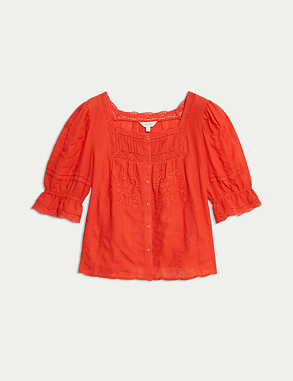 Cotton Rich Square Neck Lace Detail Puff Sleeve Blouse - NL