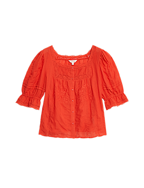 Cotton Rich Square Neck Lace Detail Puff Sleeve Blouse
