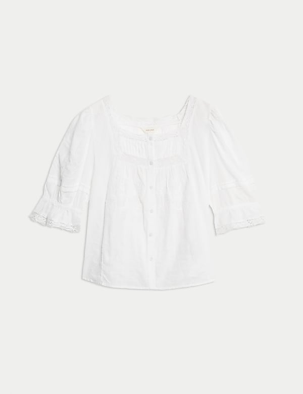 Cotton Rich Square Neck Lace Detail Puff Sleeve Blouse - RO
