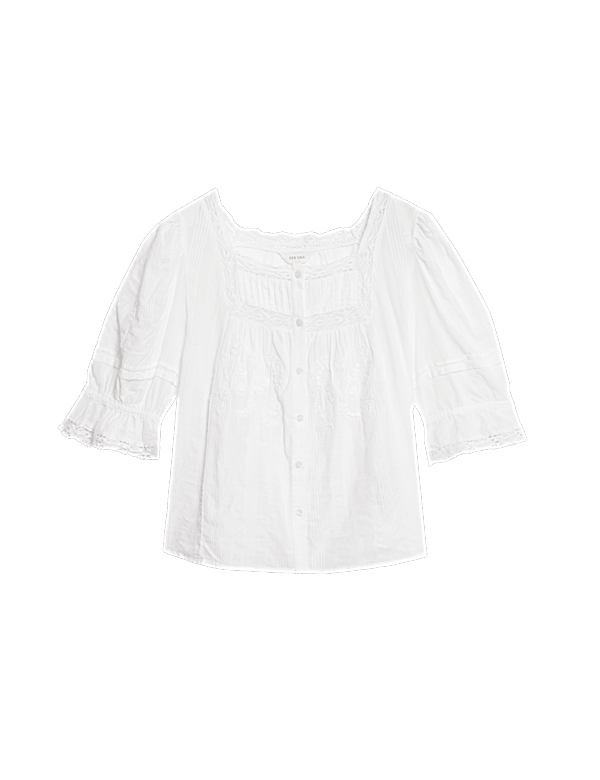 Cotton Rich Square Neck Lace Detail Puff Sleeve Blouse