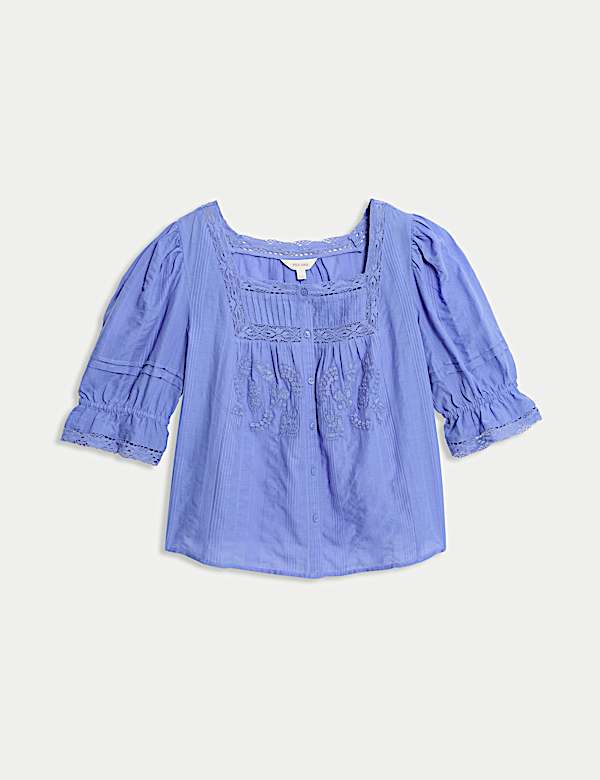 Chemisier en coton &agrave; manches bouffantes, col carr&eacute; et d&eacute;tail en dentelle - CA