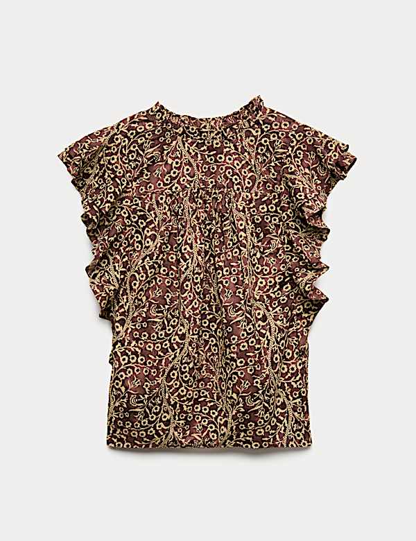 Pure Cotton Floral High Neck Ruffle Top - BE