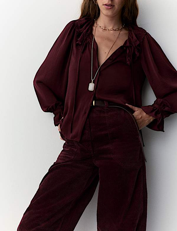 Satin Peter Pan Collar Tie Detail Blouse - US