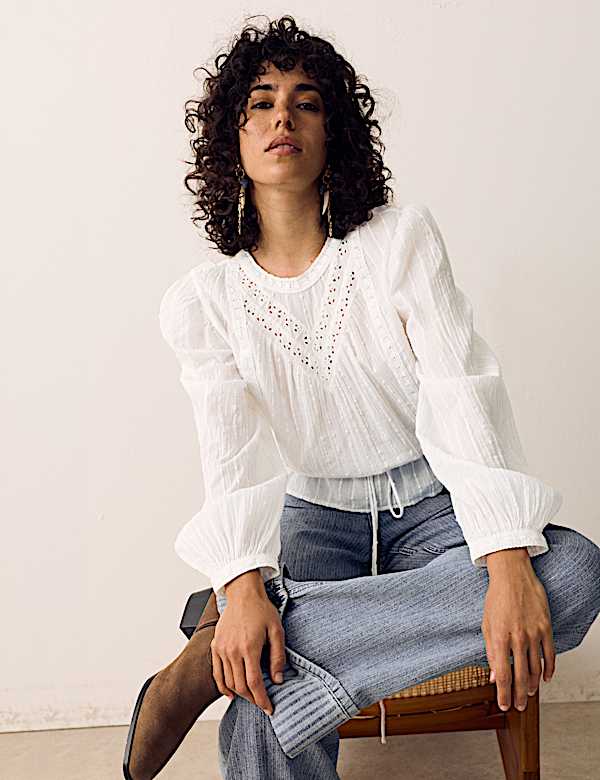 Pure Cotton Textured Tie Waist Blouse