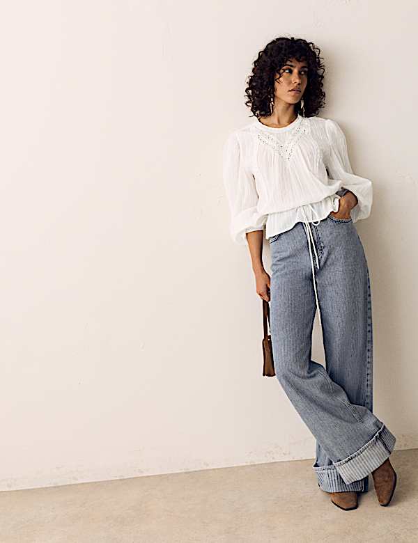 Pure Cotton Textured Tie Waist Blouse