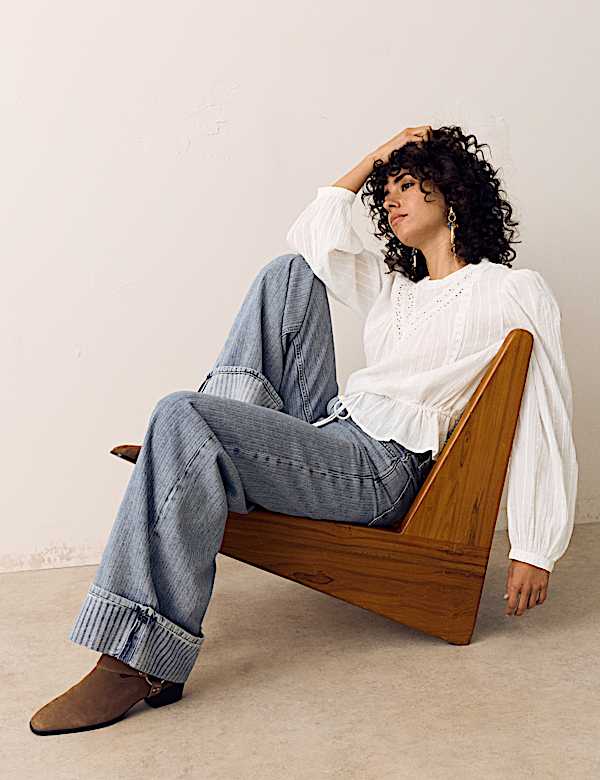 Pure Cotton Textured Tie Waist Blouse