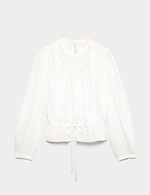 Pure Cotton Textured Tie Waist Blouse - AL