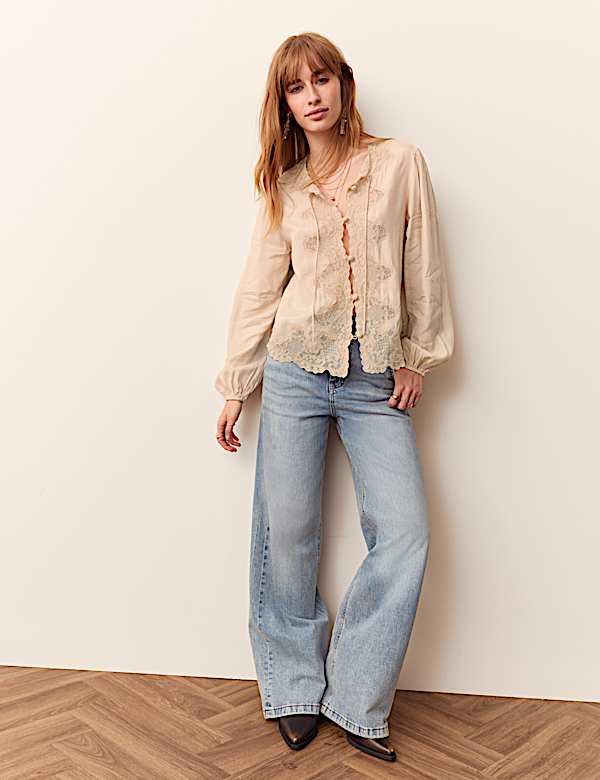 Lace Crew Neck Tie Front Blouse - JO