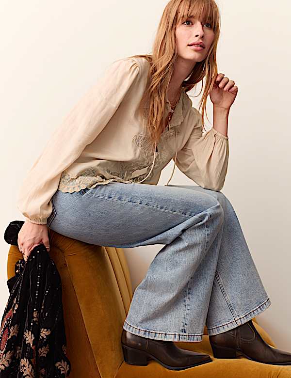 Lace Crew Neck Tie Front Blouse - JO
