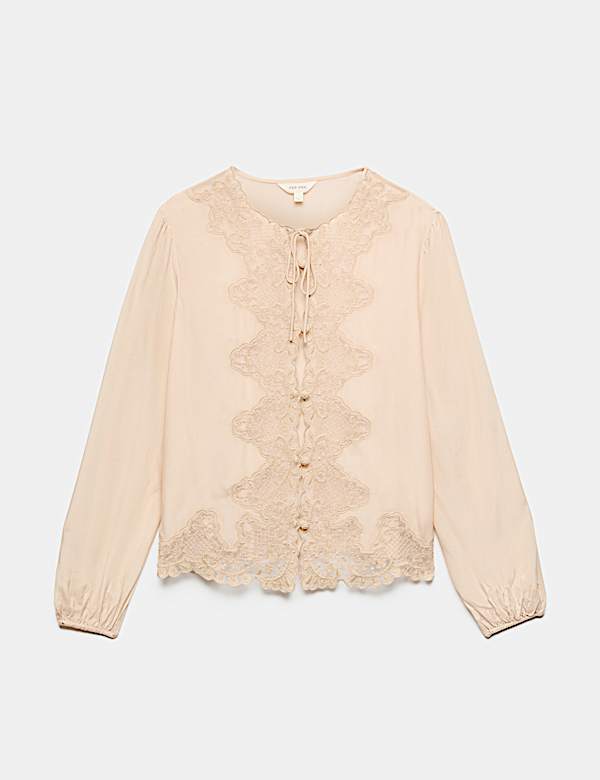 Lace Crew Neck Tie Front Blouse - JO