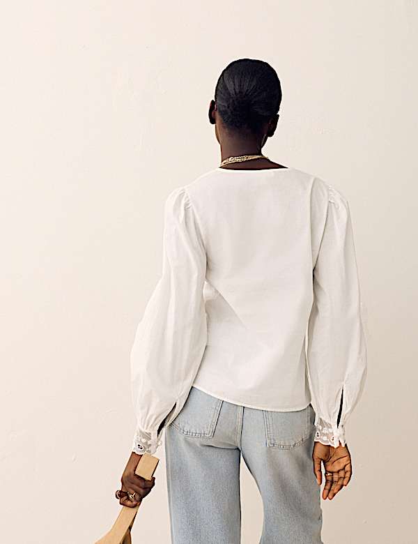 Pure Cotton Lace Detail Button Front Blouse - CH