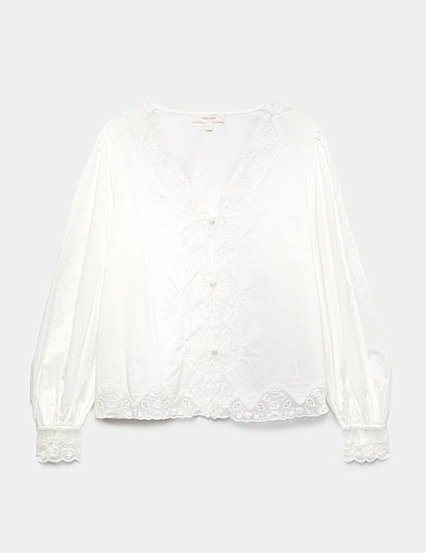 Pure Cotton Lace Detail Button Front Blouse - CH