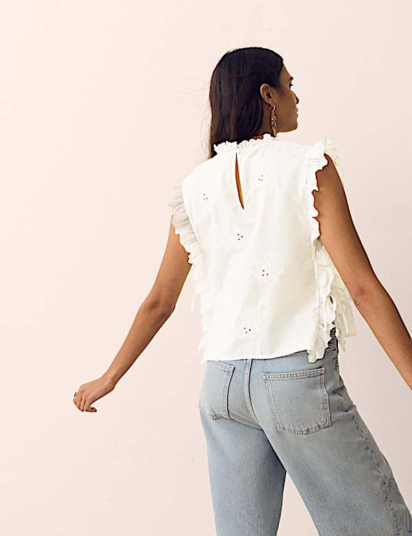 Pure Cotton Lace Insert Embroidered Top - SI